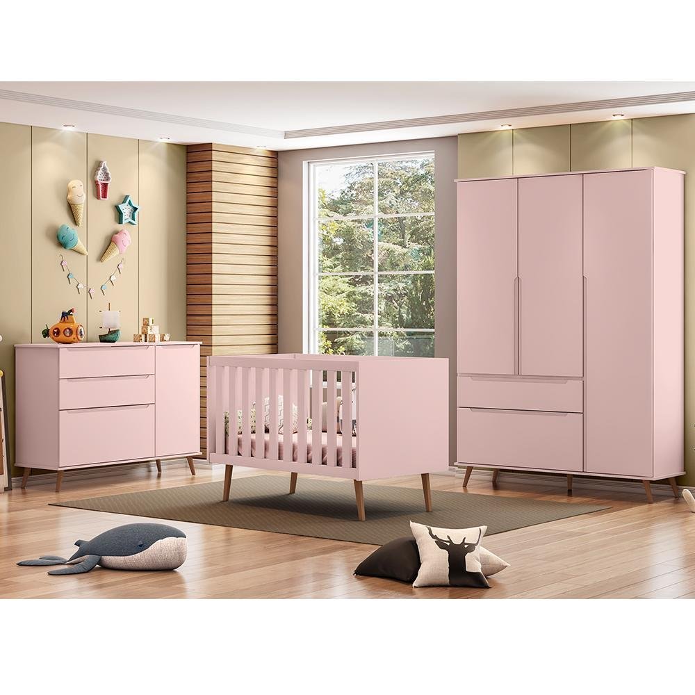 Dormitório Melinda Guarda Roupa, Cômoda com Porta e Berço Retrô Rosê Acetinado - Phoenix Baby - 2