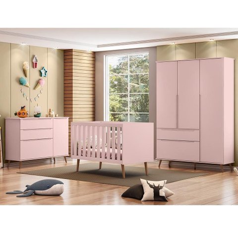 Dormitório Melinda Guarda Roupa, Cômoda com Porta e Berço Retrô Rosê Acetinado - Phoenix Baby
