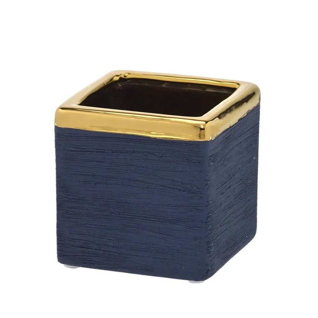 Cachepot Decorativo Ceramica Azul Borda Dourada 10x10 Espressione Cachepot Decorativo Quadrado, Vaso