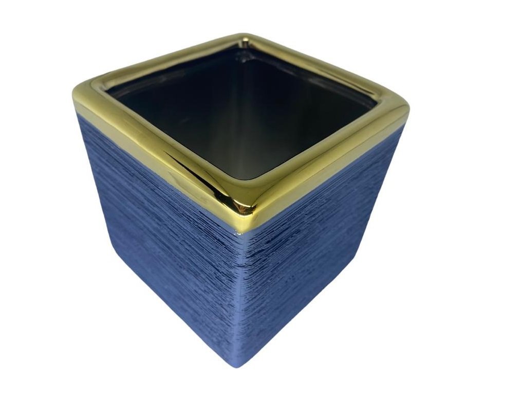 Cachepot Decorativo Ceramica Azul Borda Dourada 10x10 Espressione Cachepot Decorativo Quadrado, Vaso - 5