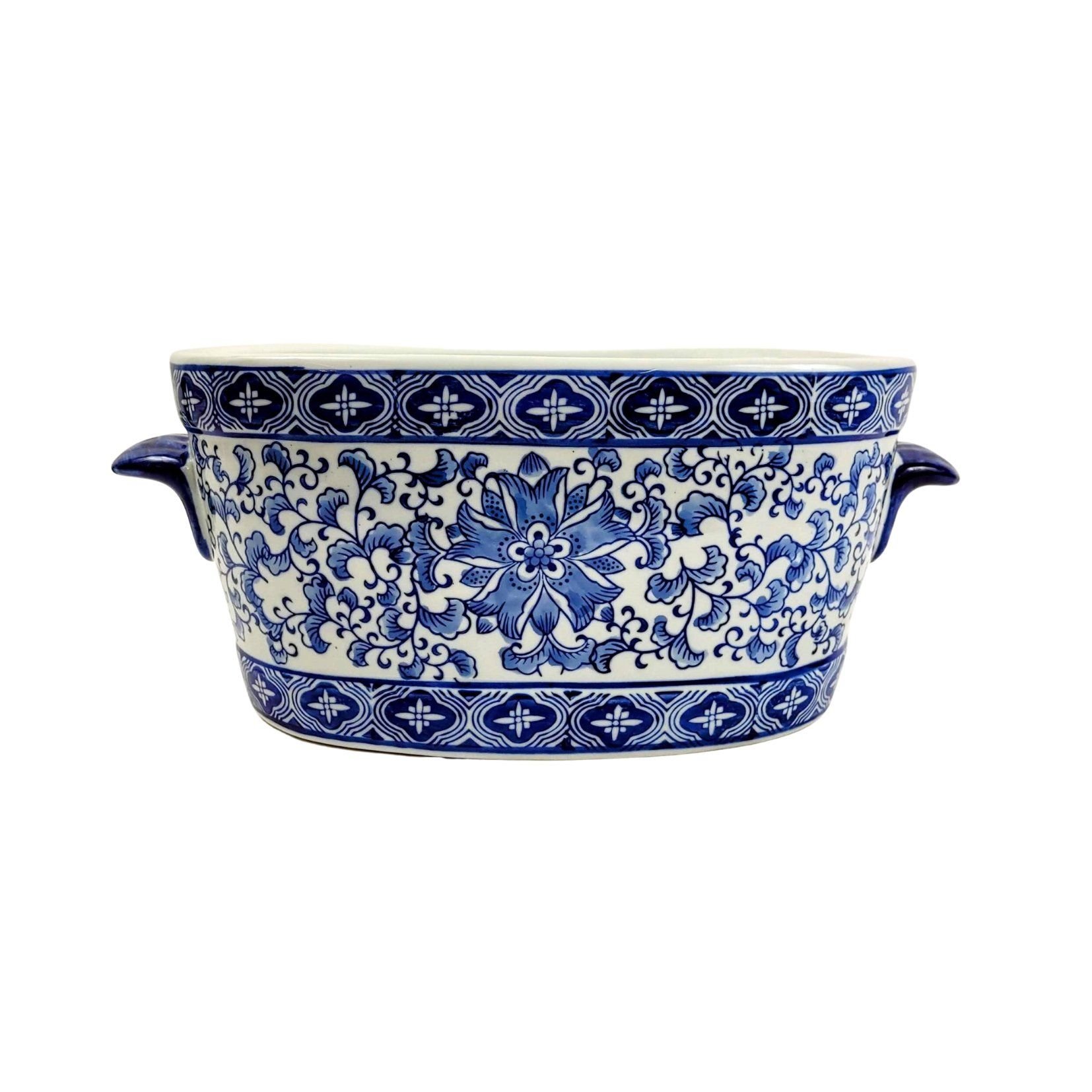 Vaso Azul e Branco Floral 16x38x20cm Porcelana Decoração