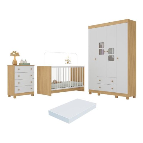 Quarto de Bebê Completo com Berço 3 em 1 com Colchão Incluso Sol Multimóveis Mp4538 Madeirado/