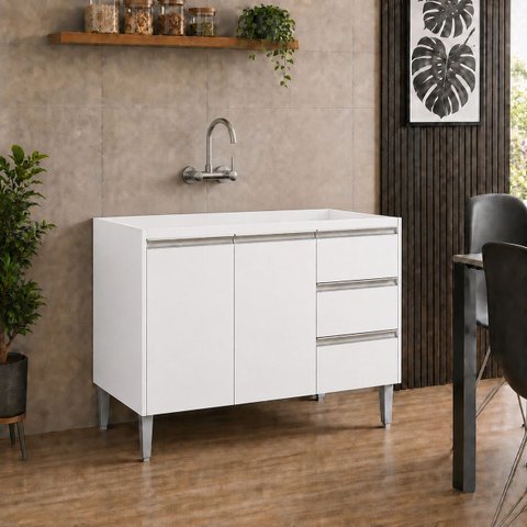 Balcão Gabinete de Pia 100 cm 2 Portas Andréia sem Tampo - AJL Móveis:Branco