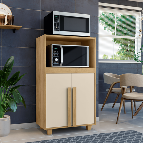 Balcão Multiuso com Nichos para Micro-Ondas ou Forno e Utensílios Escócia Bege/Cinamomo/Off White