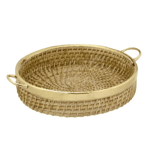 Bandeja Decorativa de Fibra Natural e Alumínio Dourado 26cm
