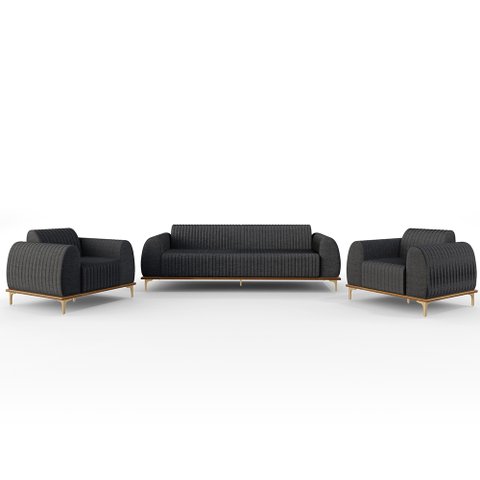 Kit Sofá 3 Lugares 210cm com 2 Poltronas Molino Pés D'ouro D02 Linho Cinza Escuro C-416 - Lyam