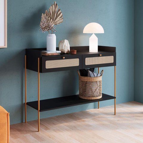 Aparador Industrial Retrô com Tela Sintética e 2 Gavetas Cor:nero com Dourado