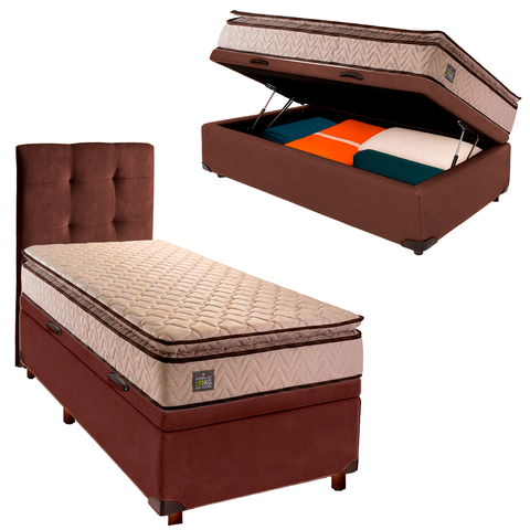 Cama Box Bau com Colchão Solteiro Belmont Hellen + Cabeceira Marrom
