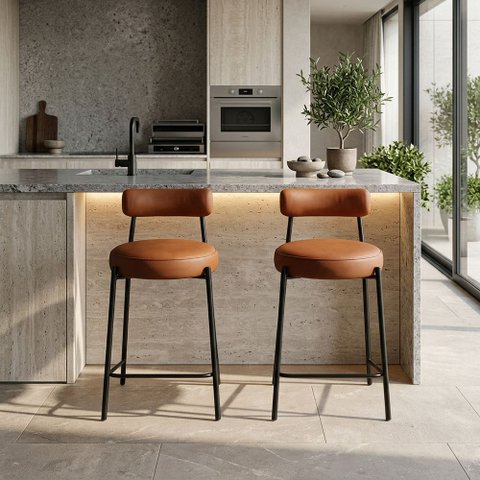 Banqueta Cozinha Média com Encosto Industrial Preto Kit 2 Londres PU Nozes D03 - D'Rossi