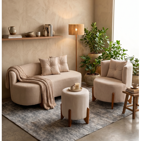 Kit Decorativo Sofá Curvo Orgânico + 01 Puff Poltrona Luna Boucle Bege - Montanaris Decor