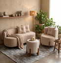 Ver imagem 1 de Kit Decorativo Sofá Curvo Orgânico + 01 Puff Poltrona Luna Boucle Bege - Montanaris Decor