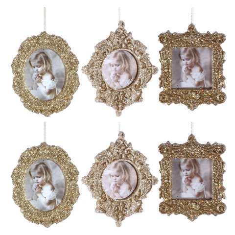 Kit Porta Retrato Glitter Champanhe Gold para Árvore Natal 10cm 6 Peças - Magizi