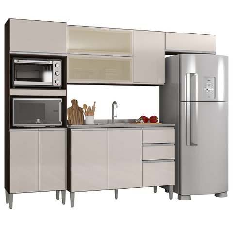 Cozinha Judite Completa Compacta + Balcão p/ Pia Sem Tampo Chocolate/ Off White