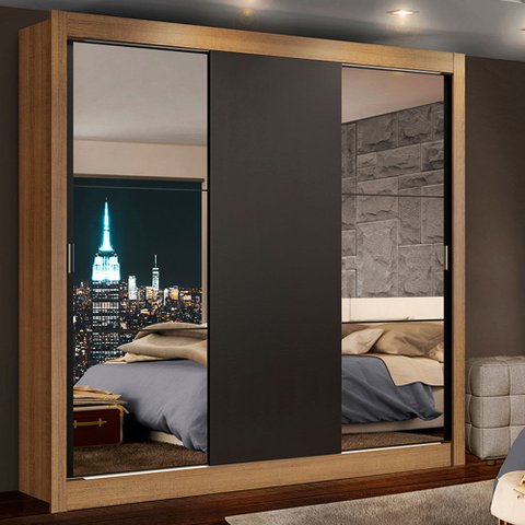 Guarda-Roupa Casal Madesa Lyon 3 Portas de Correr com Espelhos 2 Gavetas Rustic/Preto Cor:Rustic/Pre