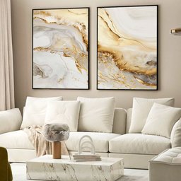 Kit Quadro Decorativo 2 Telas Luxo Branco e Dourado Tacolado Moldura Caixa Alta 4,5cm Branca com Vid - 1