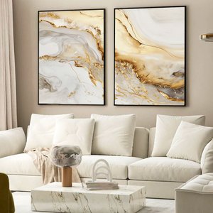 Kit Quadro Decorativo 2 Telas Luxo Branco e Dourado Tacolado Moldura Caixa Alta 4,5cm Branca com Vid