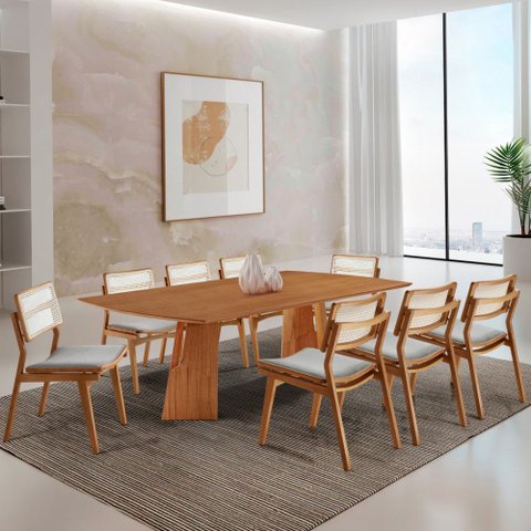 Sala de Jantar Mesa Florida 220cm Tampo Laminado Barril e 8 Cadeiras Eva Premium Moderna Mobília