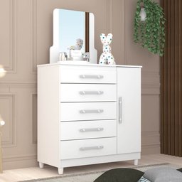 Cômoda Infantil com Sapateira e Espelho 5 Gavetas Aline V02 Flex Branco/Camarim - Mpozenato - 2 Cômoda Infantil com Sapateira e Espelho 5 Gavetas Aline V02 Flex Branco/Camarim - Mpozenato - 2