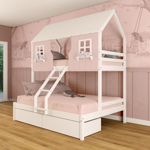 Beliche Casal/ Solteiro Casinha Encantada com 02 Gavetas Madeira Maciça Rosa/ Branco Megamobilia