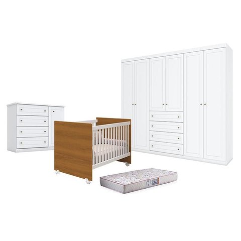 Quarto de Bebê Americano 6 Portas com Berço Nacional Mel Branco Savana– Reller - Henn e Colchão Gazi