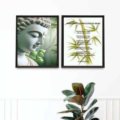 Kit 2 Quadros Princípios do Reiki - Buda 45x34cm:madeira Preta