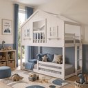 Ver imagem 2 de Beliche Infantil Montessori com Varanda e Grade Proteção Casinha Dos Sonhos Madeira Maciça Branco