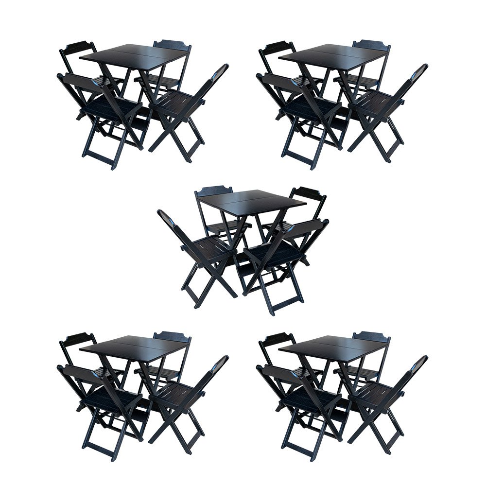 Kit 5 Jogos de Mesa Dobravel com 4 Cadeiras de Madeira 70x70 para Restaurante e Bar - Preto - 1