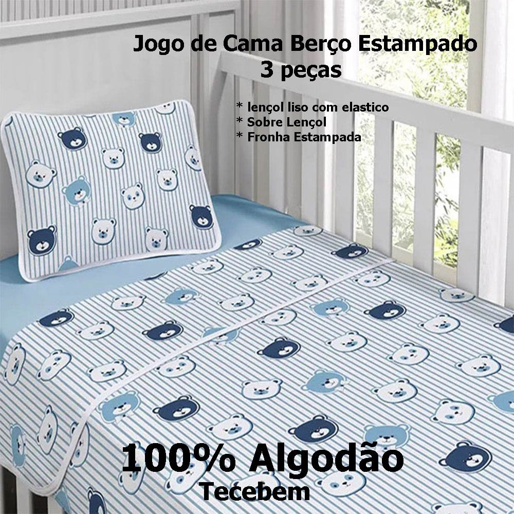 Jogo de Cama Tecebem Malha Berço Estampado Generosidade 3 Peças Azul - 3