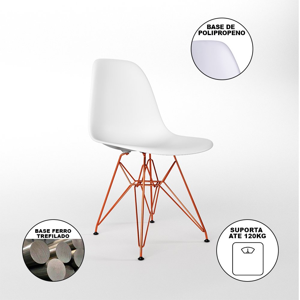 Mesa Jantar Industrial Retangular 137x90cm Branca Base V com 6 Cadeiras Eames Eiffel Brancas Base Co - 4