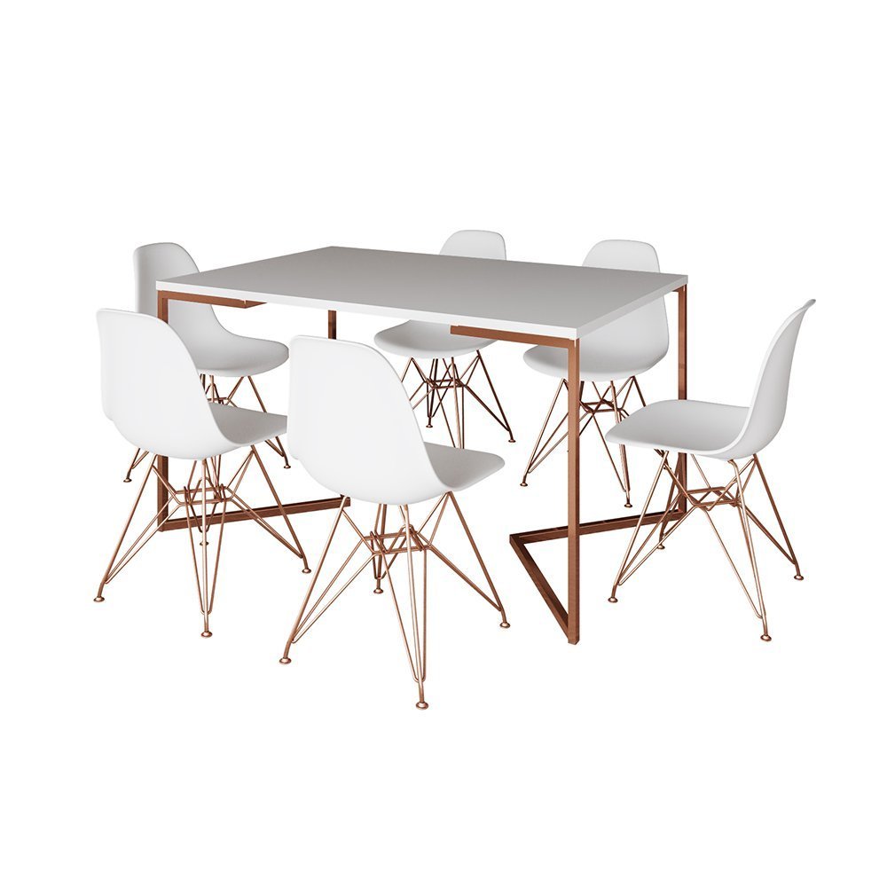 Mesa Jantar Industrial Retangular 137x90cm Branca Base V com 6 Cadeiras Eames Eiffel Brancas Base Co - 2