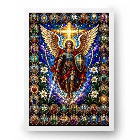 Quadro Vitral Católico da Quaresma de São Miguel 50x70cm Moldura Branca