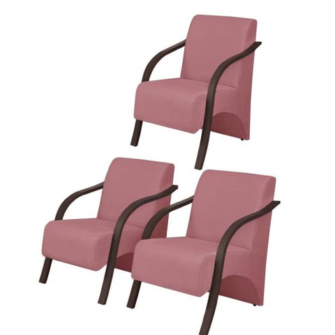 Kit3 Poltronas Vênus 1 Lugar Pé Madeira Suede Rosa