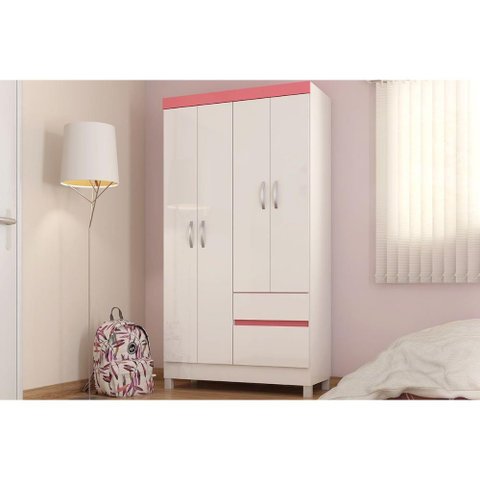 Guarda Roupa Solteiro 4 Portas e 2 Gavetas Lotus Branco/rosa - Demóbile