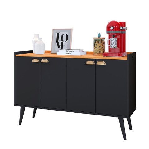 Aparador Buffet Cantinho Café 4 Portas Puxador Concha Prateleira Organizadora Retrô - Preto/cinamomo