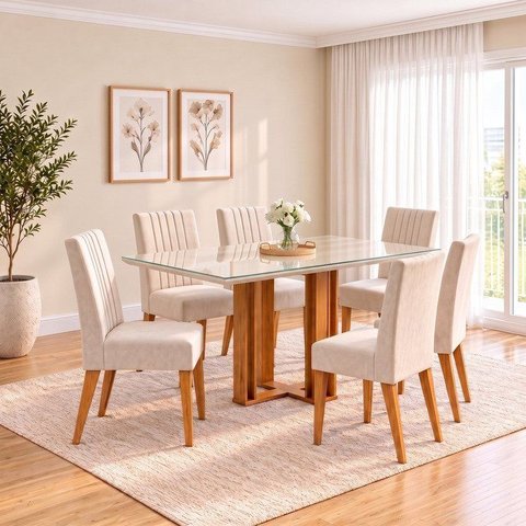 Conjunto Sala de Jantar Mesa Manu 160cm Tampo MDF e Vidro Canto Reto 6 Cadeiras Lily