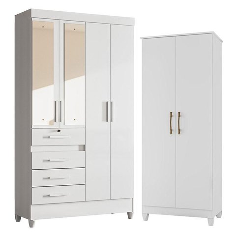 Guarda Roupa Infantil Sobral com Espelho e Armário Multiuso Jade Branco Brilho – Moval