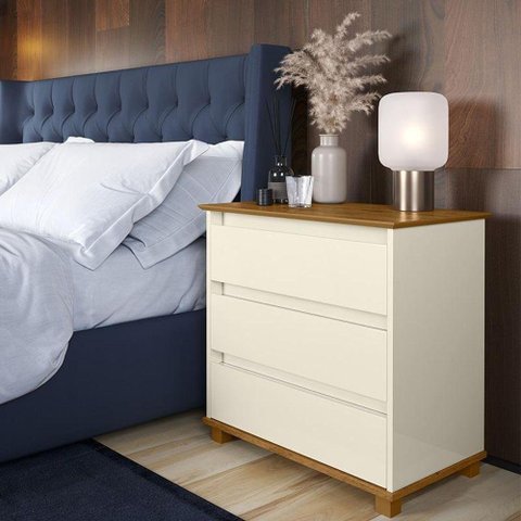 Mesa De Cabeceira Mini Cômoda 3 Gavetas Off White/Freijo