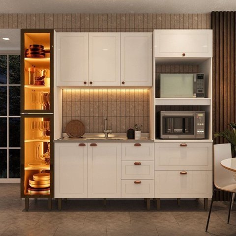 Cozinha Pérola Completa com Cristaleira LED Yescasa Branco
