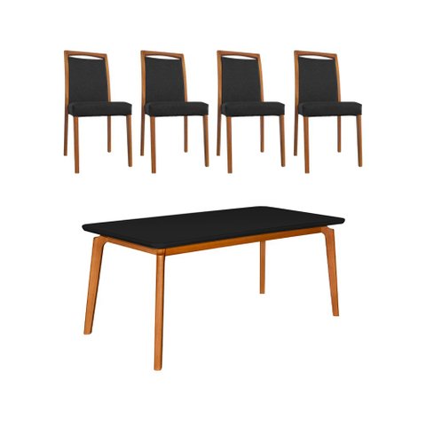Mesa Jantar Luxo Jade 160x90cm Preto com 4 Cadeiras Estofadas em Couro Pu Preta Base Madeira Maciça