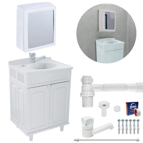 Gabinete 02 Portas para Banheiro com Lavatório + Armário + Torneira + Engate Flexível + Fita Veda Ro