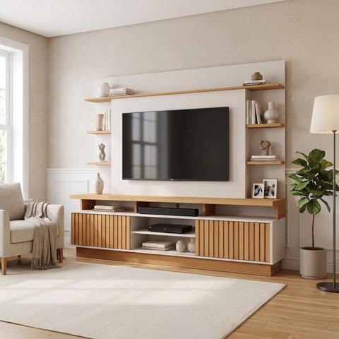 Estante para TV 65 Polegadas MDF 191cm x 218cm Casuá Branca Off White/Nature