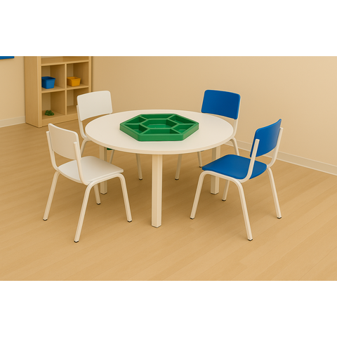 Jogo de Mesa Infantil Redonda com Organizador e com 4 Cadeiras Coloridas Resistentes Escola Creche