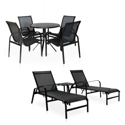 Conjunto 1 Mesa + 4 Cadeiras + 2 Espreguiçadeiras + 1 Mesinha de Centro de Alumínio - Preto