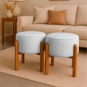 Ver imagem 1 de Kit 2 Puff Banqueta Redondo Zoe Linho Gelo Decorativo Base de Madeira - Arkell