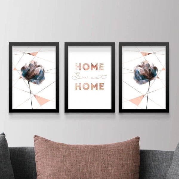 Conjunto 3 Quadros Decorativos Home Sweet Flores Los Quadros - 2