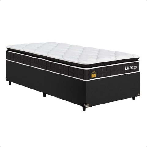 Cama Box Base Solteiro + Colchão Life D33 Pillow Top 88x188cm - Preto/Couro Preto - e-Shop Casa