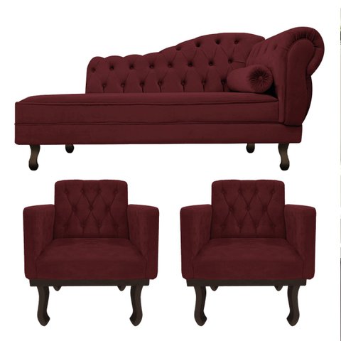 Kit Diva Recamier Diana 140cm Lado Esquerdo e 02 Poltronas Classic Suede Bordô - ADJ Decor