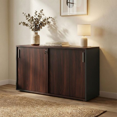 Armário Escritório Baixo 120cm x 74cm com 2 Portas de Correr Prateleiras e Chave Corporate