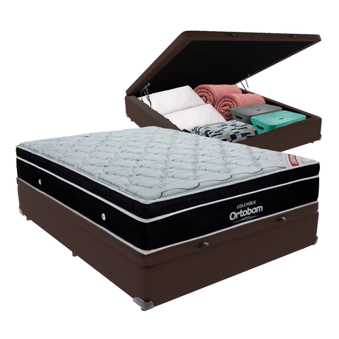 Cama Box Baú Casal Marrom e Colchão Elegant Superpocket Molas Ensacadas Ortobom