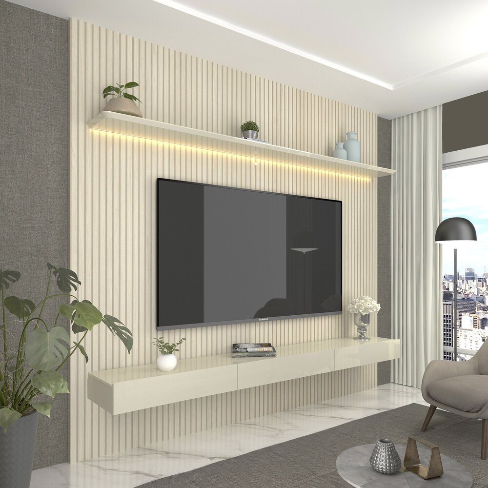 Home para TV Impressão Ripado 3D com LED Requinte 220 Off White - Gelius